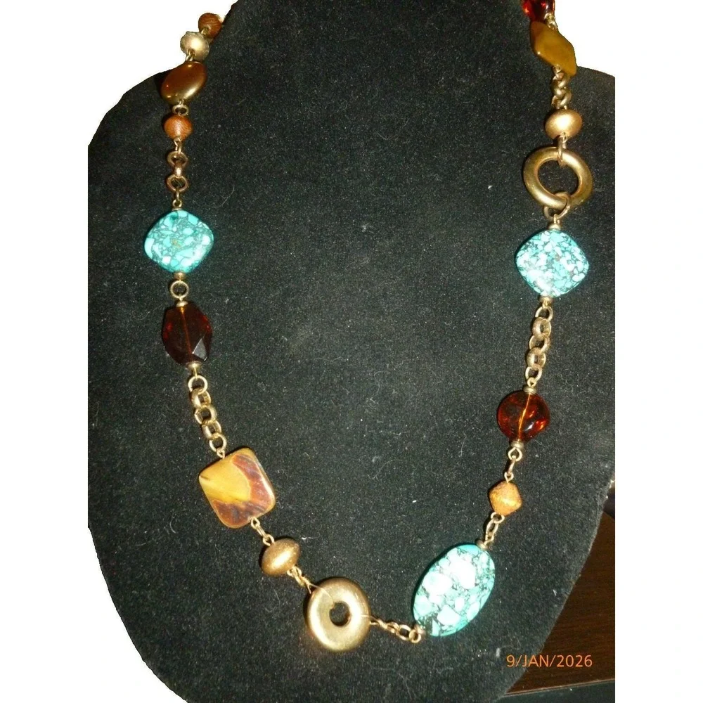 Boho‎ Chunky Faux Turquoise Colorful Lucite Gold Tone Long  Statement Necklace